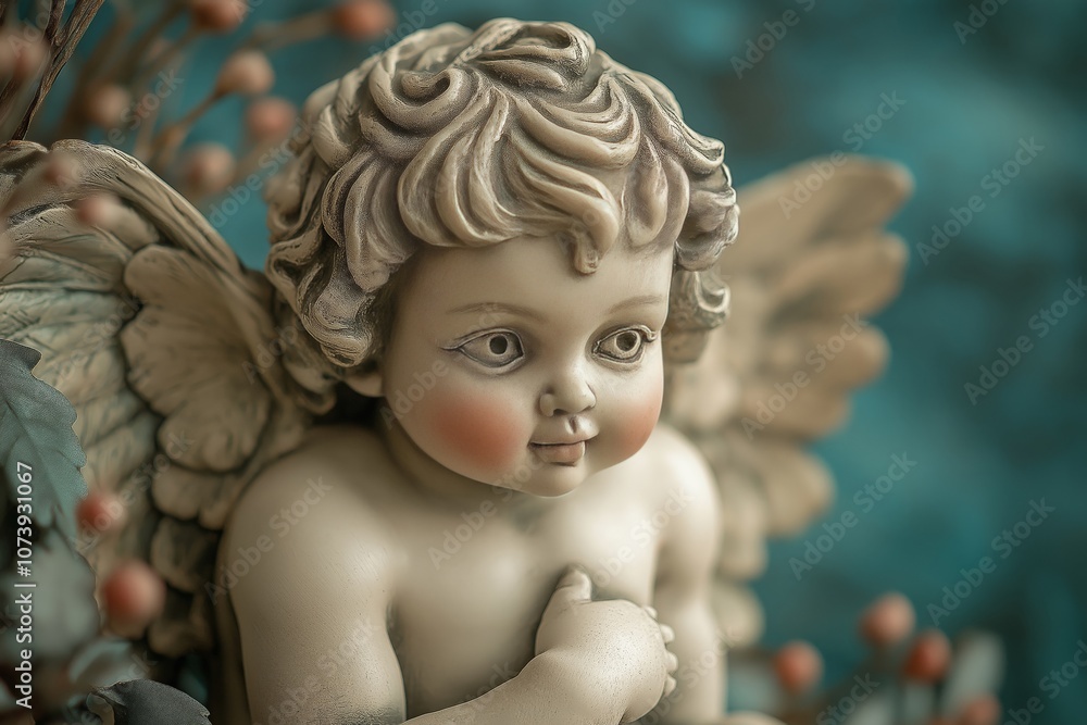 A close-up of a decorative Cupid statue with angelic wings, surrounded by small berries and foliage, giving a soft, romantic feel in a serene, muted color palette A close-up of a decorative Cupid statue with angelic wings, surrounded by small berries and foliage, giving a soft, romantic feel in a serene, muted color palette