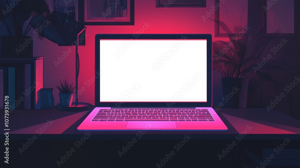 Vector illustration of a neon laptop with a blank screen on a desk in dim lighting Vector illustration of a neon laptop with a blank screen on a desk in dim lighting