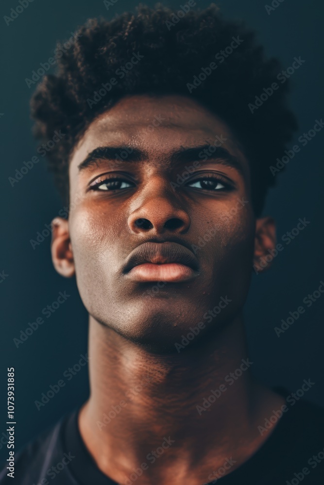 Obraz premium Bold Portrait of a Young Man with Dramatic Lighting and Moody Navy Background