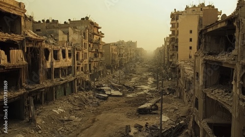 War-torn, destroyed city. 