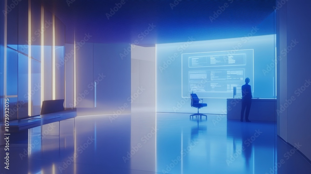 Modern office with AI holographic interfaces and sleek design Modern office with AI holographic interfaces and sleek design
