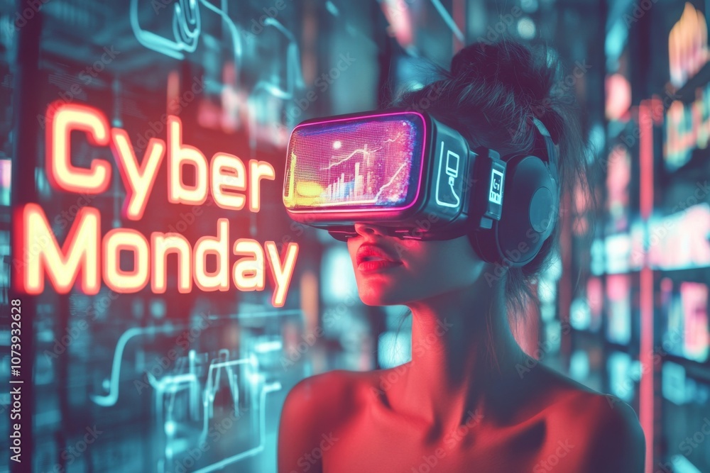 CYBER MONDAY Sale Banner: Woman wearing VR virtual reality headset with holographic words Cyber Monday. CYBER MONDAY Sale Banner: Woman wearing VR virtual reality headset with holographic words Cyber Monday.