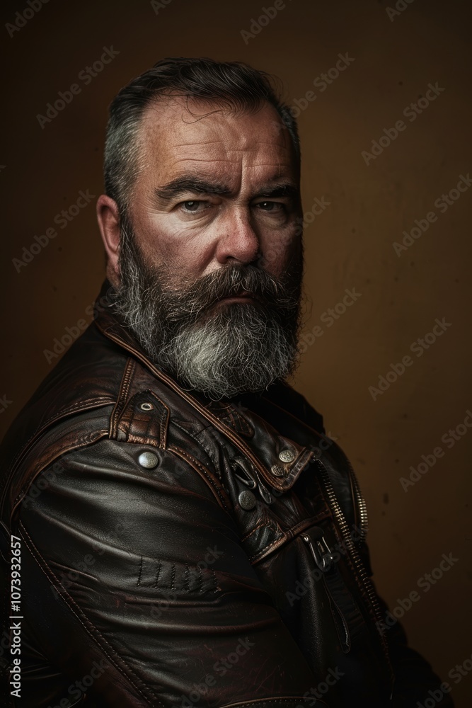 Rugged Portrait of a Bearded Man in Leather Jacket Against Dark Background Rugged Portrait of a Bearded Man in Leather Jacket Against Dark Background