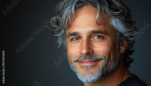 Smiling man with gray hair poses confidently against a dark background in a relaxed atmosphere