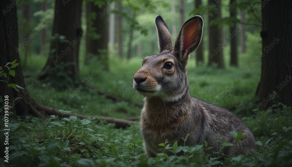 Gray hare in dense forest thicket, forest creature, peaceful nature Gray hare in dense forest thicket, forest creature, peaceful nature