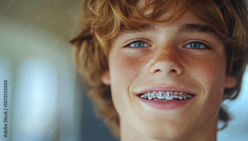 Smiling teenager with braces and curly hair in a brightly lit indoor space during the day Smiling teenager with braces and curly hair in a brightly lit indoor space during the day