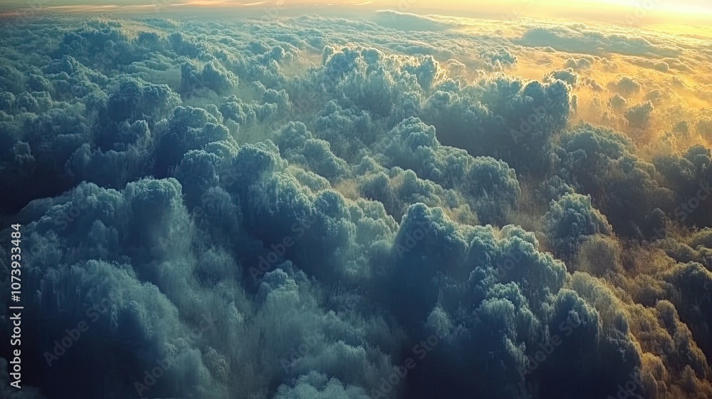 Fototapeta premium Aerial view of clouds, mountains in the distance․