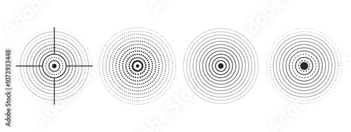 Set of black rings with sound waves, interrupted lines and dots. Sonar rings with radial lines. Radar icon, target, epicenter. Pulsating signal. Vector concentric vortex circles.