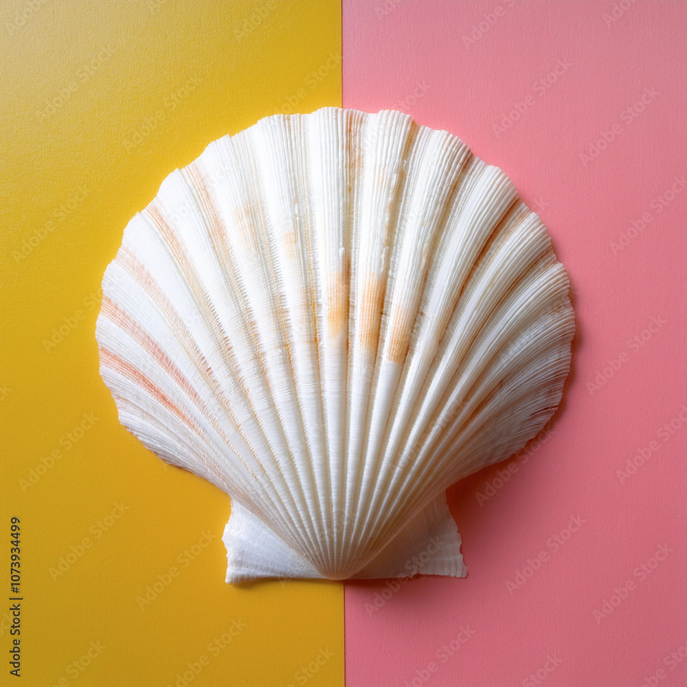 Fototapeta premium White elegant sea jacobean scallop shell, isolated on a Yellow and Pink Pastel