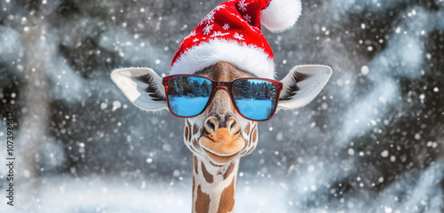 quirky giraffe wearing reflective sunglasses and a santa hat amidst snowy forest background, great for unique holiday cards and decorations