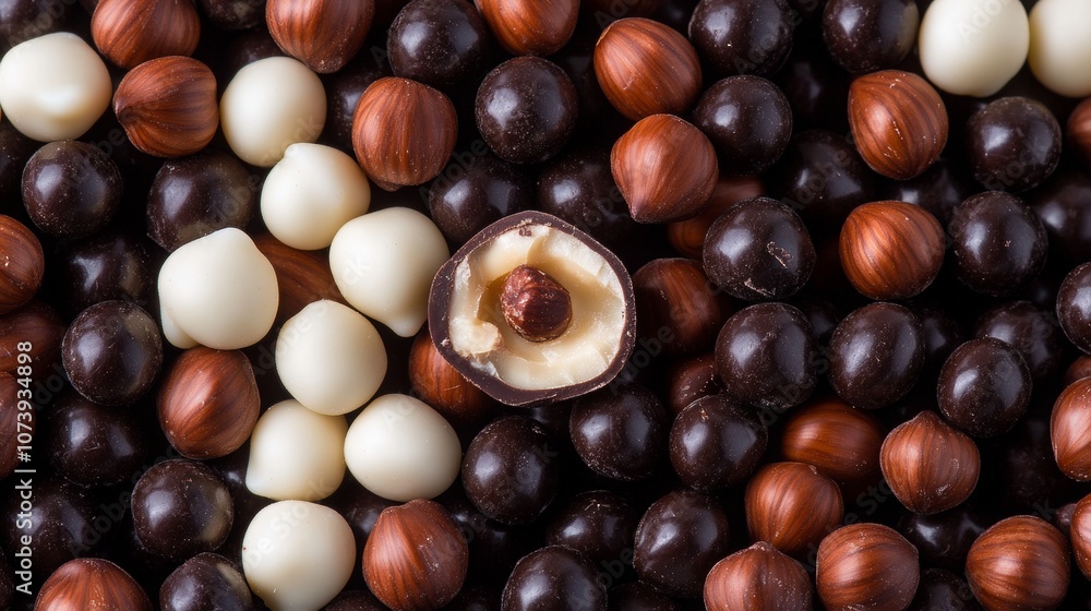 Close-up of white, brown, and black chocolate dragees, one with a halved hazelnut Close-up of white, brown, and black chocolate dragees, one with a halved hazelnut