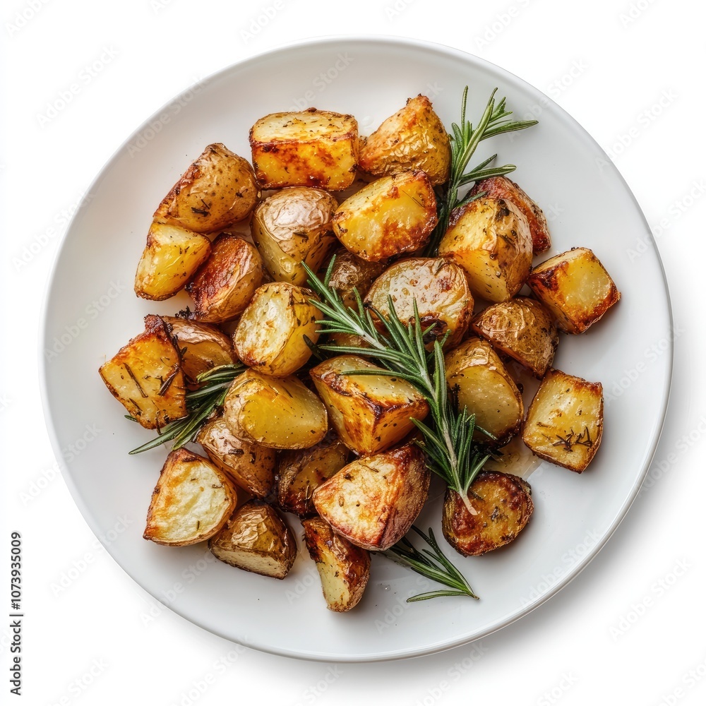 Deliciously Roasted Herb Potatoes on White Plate with Fresh Rosemary Garnish - Perfect for Culinary and Food Photography Deliciously Roasted Herb Potatoes on White Plate with Fresh Rosemary Garnish - Perfect for Culinary and Food Photography