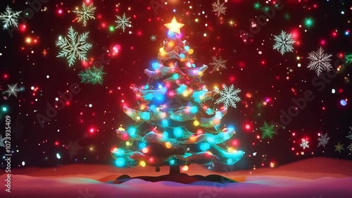 Christmas tree with garland and glowing lights. Copy space. Happy New Year photo