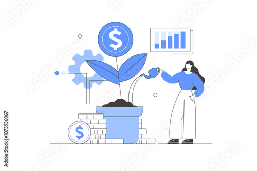 Finance. Growing Money Tree, Making Savings. Investment and Finance Management Concept. Flat Cartoon Vector Illustration, icon. Stylish, Minimalist 