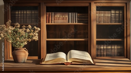 Elegant bookcase and wooden table with two Torah books, one open and one closed, with a flowerpot nearby.  photo