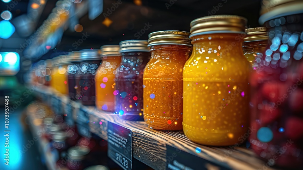 A close-up shot of a row of glass jars filled with colorful jams and jellies on a wooden shelf in a grocery store. A close-up shot of a row of glass jars filled with colorful jams and jellies on a wooden shelf in a grocery store.