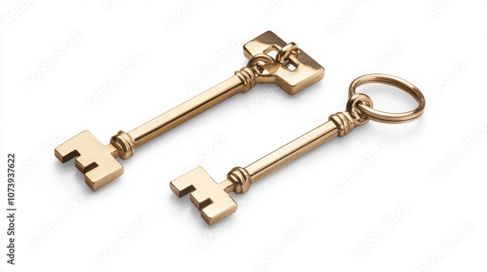 Pair of keys with a house-shaped keyring in gold, isolated on a white background Pair of keys with a house-shaped keyring in gold, isolated on a white background