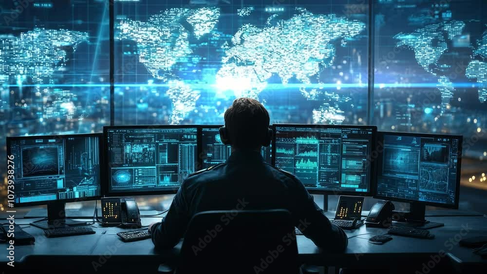 The agents coordinate surveillance activities and maintain security protocols in a modern operations center. The army base staff interpret real time data to ensure national security. Video The agents coordinate surveillance activities and maintain security protocols in a modern operations center. The army base staff interpret real time data to ensure national security. Video