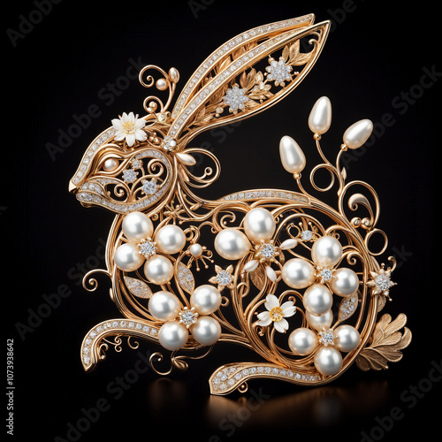 Rabbit, hare in the form of a luxurious openwork jewelry made of gold, decorated with precious stones, diamonds and pearls. On a black background. photo