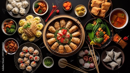 A variety of Chinese dishes, including dumplings, noodles, and stir-fried vegetables, arranged on a black background.