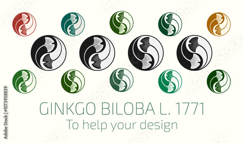 Set of vector illustrations of ginkgo biloba leaves using sacred geometry method in Yin Yang style. Help for the designer.
