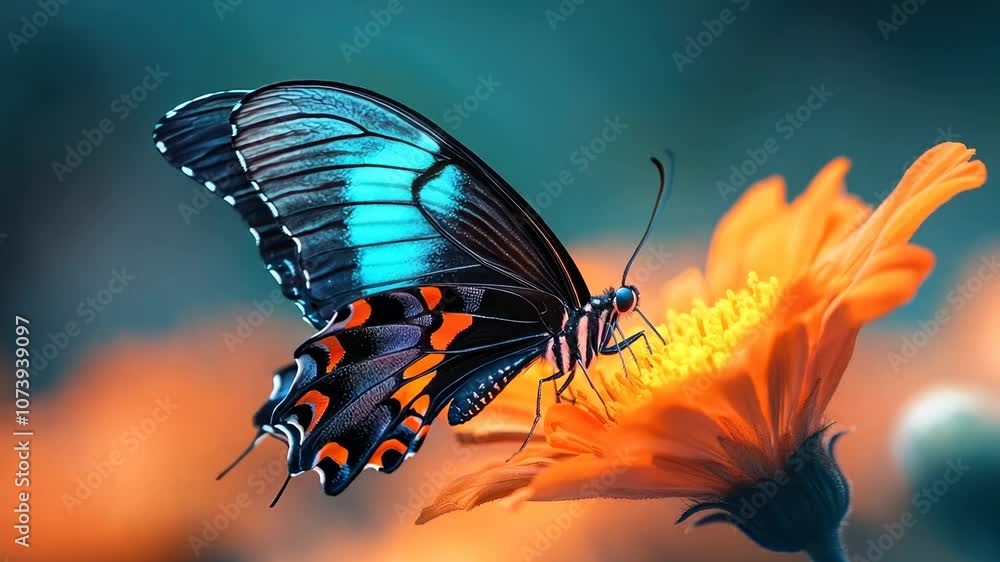 Vibrant butterfly perching on an orange flower Generative AI Video