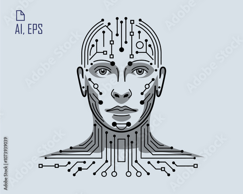 Abstract AI Human Face Illustration in Black and Gray – Vector Art of Interconnected Lines and Nodes