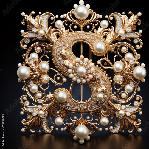 $ The dollar sign in the form of a luxurious openwork jewelry made of gold, decorated with precious stones, diamonds and pearls. On a black background.