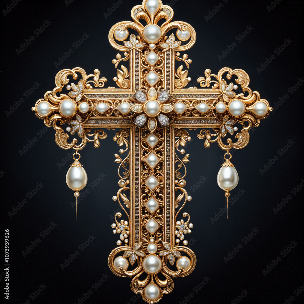 Religious Christian Cross in the form of a luxurious openwork jewelry made of gold, decorated with precious stones, diamonds and pearls. On a black background. Religious Christian Cross in the form of a luxurious openwork jewelry made of gold, decorated with precious stones, diamonds and pearls. On a black background.