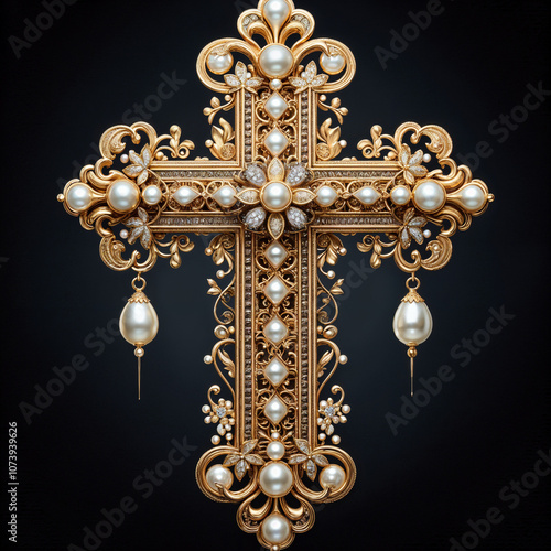 Religious Christian Cross in the form of a luxurious openwork jewelry made of gold, decorated with precious stones, diamonds and pearls. On a black background.