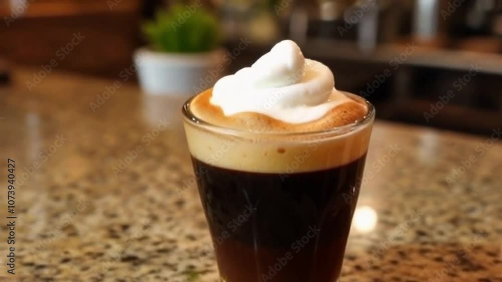 Close-up of espresso macchiato with frothy milk foam on bold espresso shot, Bold espresso shot with foam in rustic café background Close-up of espresso macchiato with frothy milk foam on bold espresso shot, Bold espresso shot with foam in rustic café background