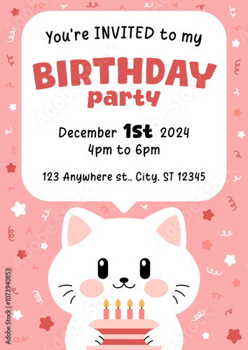 Birthday invitation. Birthday party invitation. Vector cute white cat birthday party invitation template for kids. Adorable birthday invite card.
