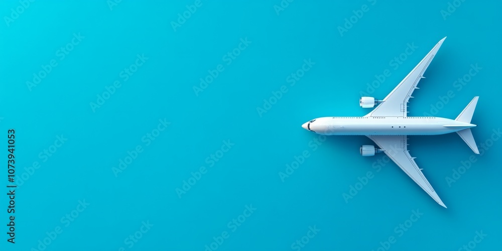 Fototapeta premium Airplane on blue background: minimalist aviation concept