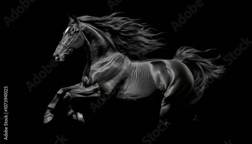 A majestic black horse gallops gracefully against a dark backdrop, showcasing its strength photo