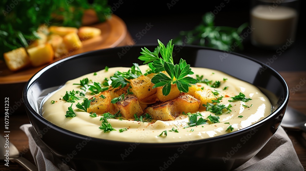Creamy soup with croutons and parsley in a black bowl on a wooden table. Creamy soup with croutons and parsley in a black bowl on a wooden table.