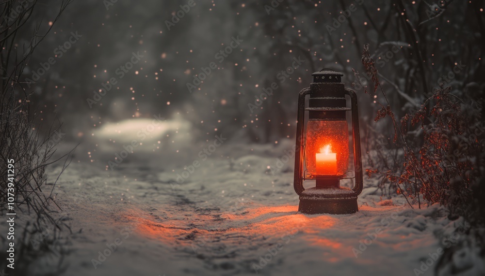 Glowing lantern along a snowy path in a forest during a gentle snowfall at twilight Glowing lantern along a snowy path in a forest during a gentle snowfall at twilight
