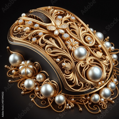 Computer mouse in the form of a luxurious openwork jewelry made of gold, decorated with precious stones, diamonds and pearls. On a black background. photo