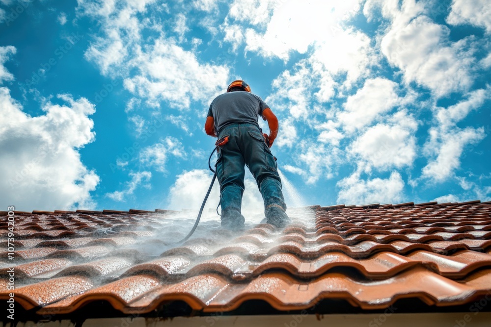 Man cleaning a weathered tile roof. Blue sky, Man cleaning a weathered tile roof. Blue sky,