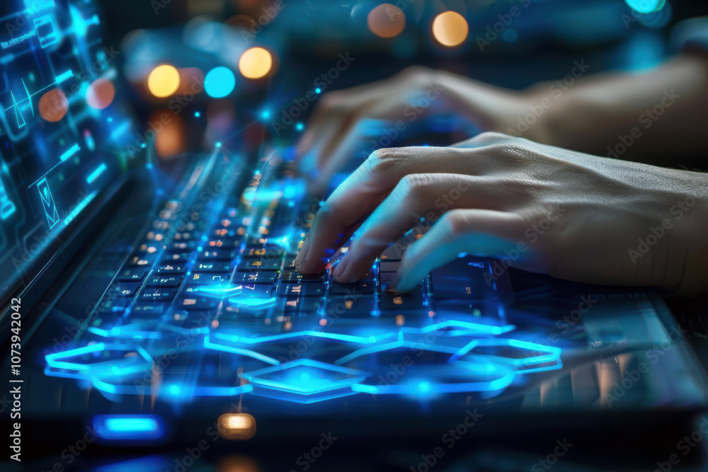 Person Interacting with Holographic Keyboard on Laptop Person Interacting with Holographic Keyboard on Laptop