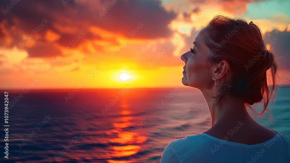 On a cruise ship, a woman looks out at a beautiful sunset over the ocean. Video On a cruise ship, a woman looks out at a beautiful sunset over the ocean. Video