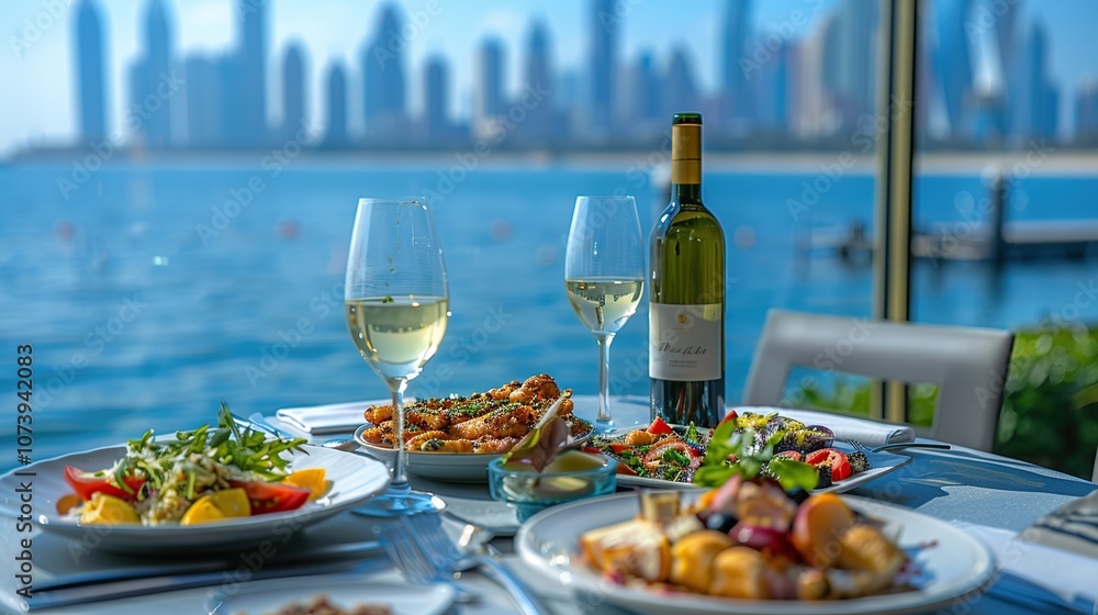 A table set for two with wine and food on a terrace overlooking a city skyline and the sea.