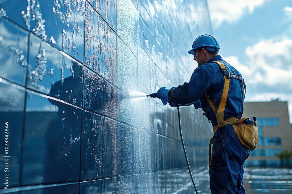 Man cleaning windows on the building. blue sky. Man cleaning windows on the building. blue sky.