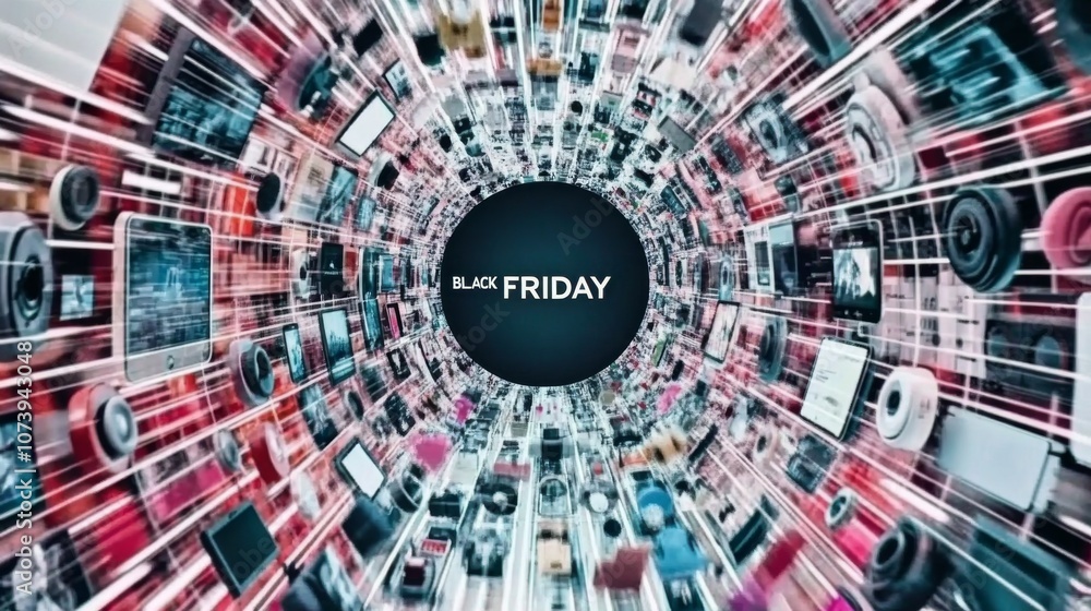 Obraz premium BLACK FRIDAY logo. Dynamic banner showing Black Friday logo surrounded by various items like headphones, smartphones, shoes, handbags, televisions. Horizontal banner. Web. Screen. 