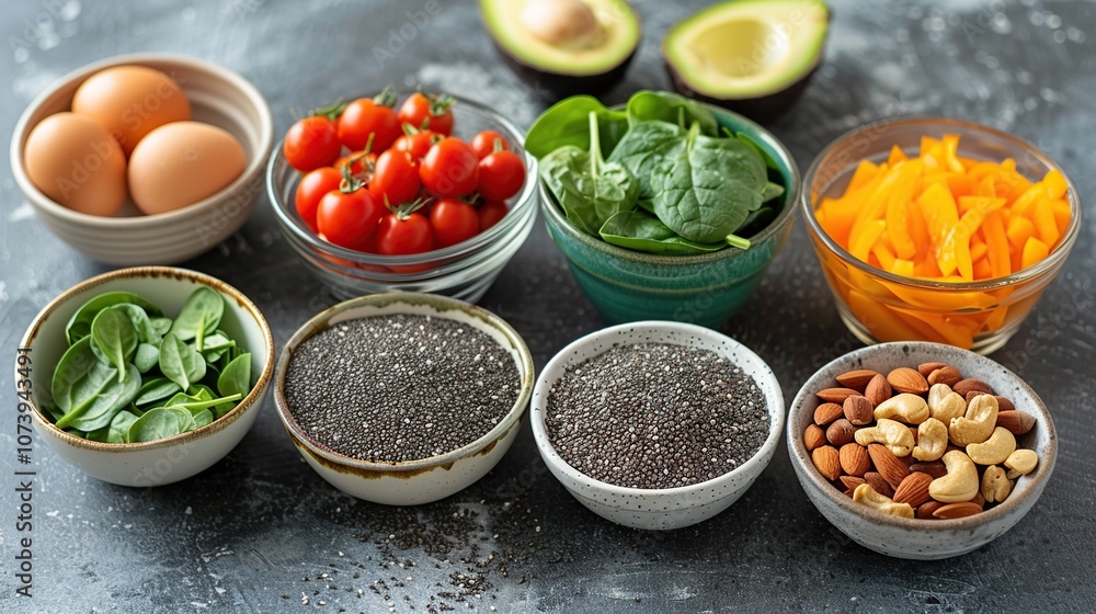 A variety of healthy ingredients for a balanced diet, including eggs, tomatoes, spinach, avocado, chia seeds, almonds, and cashews. A variety of healthy ingredients for a balanced diet, including eggs, tomatoes, spinach, avocado, chia seeds, almonds, and cashews.