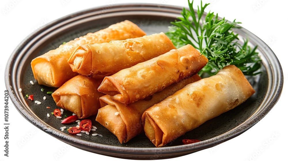 A plate of golden brown spring rolls on a black plate with red pepper flakes and fresh parsley garnish. A plate of golden brown spring rolls on a black plate with red pepper flakes and fresh parsley garnish.