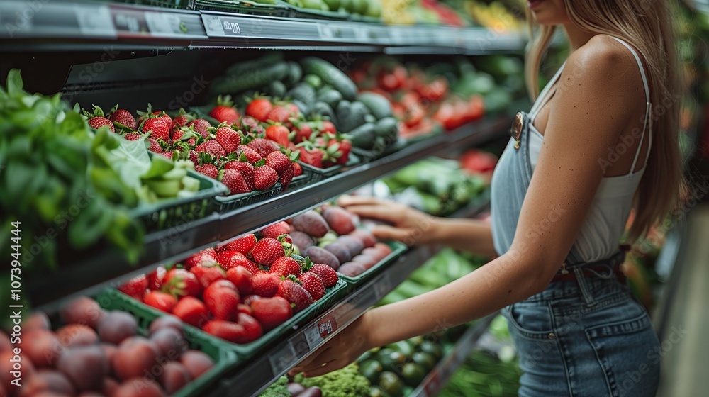 Woman shopping for fresh produce in a supermarket, reaching for strawberries.