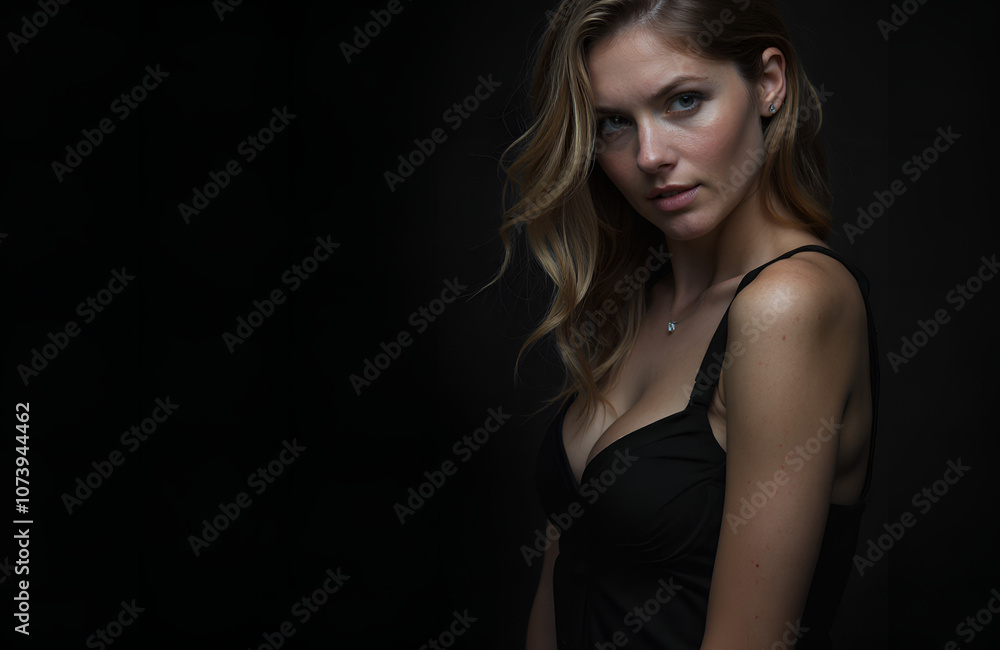 Portrait of a beautiful smiling young woman with long curly hair and a mysterious look on a dark background in a black evening dress Portrait of a beautiful smiling young woman with long curly hair and a mysterious look on a dark background in a black evening dress