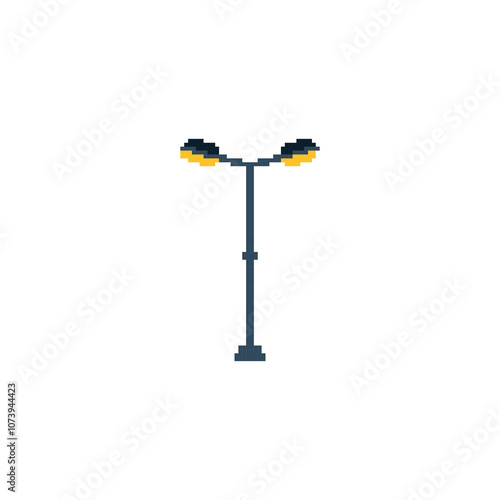 Pixelated street lamp icon. Simple pixel art tall black street lamp glowing yellow light.