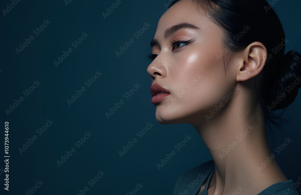 Naklejka premium Portrait of a young woman with oriental eyes, with long hair gathered at the back of her head, against a brown wall