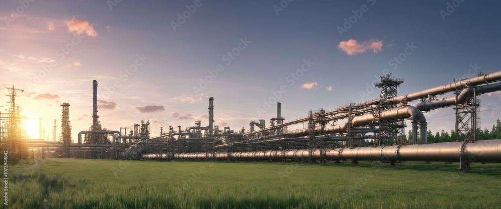 Gas and oil pipeline crosses green landscape with forest to the industrial plant. Gas and oil pipeline crosses green landscape with forest to the industrial plant.